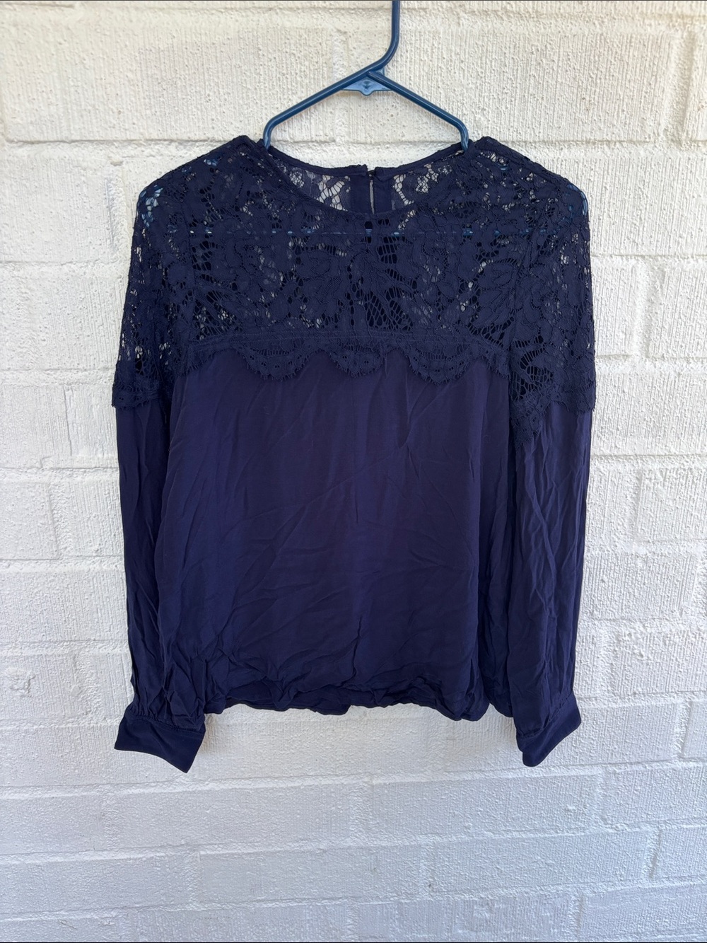 Lulus Lace Navy Yoke Long-Sleeve Blouse sz S